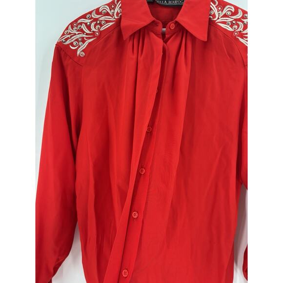 Vintage Della Roufogali Button Up Womens 14 Red Silver Western Rhinestone Silk - Picture 5 of 16